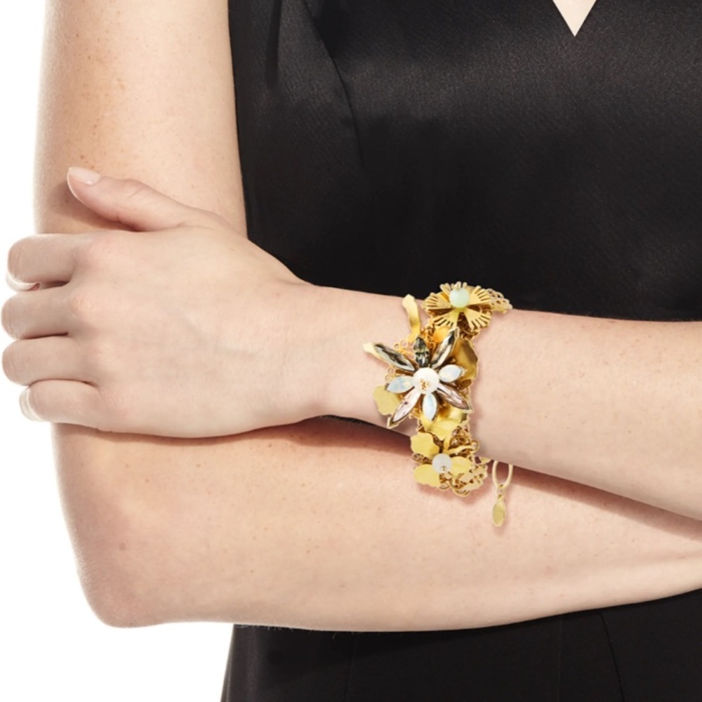 Gold Floral Enamel Bracelet with White Accents - Women Jewelry Bracelet
